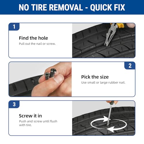 AUTOWN 47PCS Tire Repair Rubber Nail Kit - Complete Set with 3 Sizes, Storage Box & Screwdriver - for Car, Truck, Motorcycle & More - size: 47PCS