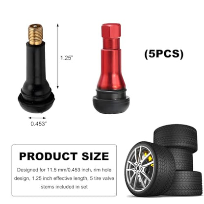 KVAEY 5 PCS TR413AC Tire Valve Stems, Chrome Rubber Tubeless Valve Stems Suit for 0.453 inch Rim Holes, Snap-in Tyre Metal Stems for Standard Vehicle Tires, Car Accessories (Red) - color: Red