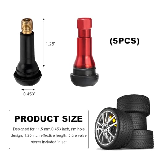 KVAEY 5 PCS TR413AC Tire Valve Stems, Chrome Rubber Tubeless Valve Stems Suit for 0.453 inch Rim Holes, Snap-in Tyre Metal Stems for Standard Vehicle Tires, Car Accessories (Red) - color: Red