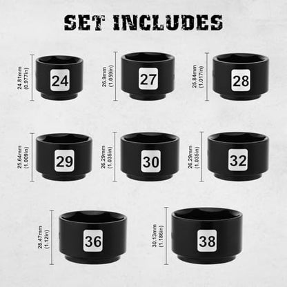 Mayouko 8 Pieces 3/8" Drive Low Profile Oil Filter Cap Wrench Socket Set, 24mm, 27mm,28mm,29mm,30mm,32mm,36mm,38mm,CR-V, Oil Filter Cap Remove and Install Tool Kit - size: 8PCS- 24,27,28,29,30,32,36,38mm