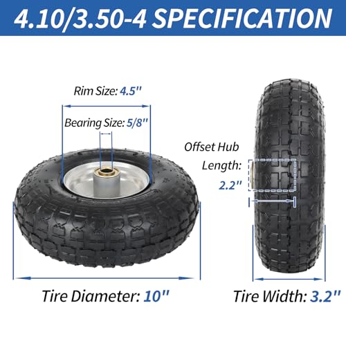 4.10/3.50-4 Pneumatic Tire, 10" Tire and Wheel, 2 Pack, with 2.2" Offset Hub, 5/8" Axle Bore Hole, Sealed Bearings, for Hand Truck Trolley Dolly Cart - size: 2 Pack