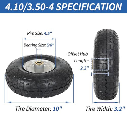 4.10/3.50-4 Pneumatic Tire, 10" Tire and Wheel, 2 Pack, with 2.2" Offset Hub, 5/8" Axle Bore Hole, Sealed Bearings, for Hand Truck Trolley Dolly Cart - size: 2 Pack