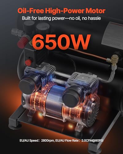 VEVOR Air Compressor, 4.6 Gallon Steel Tank, 1HP 2.2CFM@90 PSI Oil Free Air Compressor & Max 120PSI Pressure, 80dB Ultra Quiet Portable Compressor for Auto Repair, Tire Inflation, Spray Painting, 120V - size: 4.6 Gallon