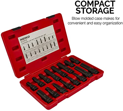 Neiko 02457A Lug-Nut Key Set, Wheel-Lock Removal Tool Kit for Aftermarket and Factory Wheel Tire Keys, SAE and Metric Lug Sockets, 16 Pieces - size: 16 Piece, style: Lug Nut Key