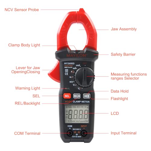 Digital Clamp Meter, Multimeter 6000Counts Volt Meter Auto-ranging Measures AC/DC Amp Clamp, NCV Non Contact Check Function (MAYILON MY2600D) - size: 6000 Counts, style: AC/DC Current