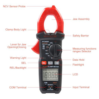 Digital Clamp Meter, Multimeter 6000Counts Volt Meter Auto-ranging Measures AC/DC Amp Clamp, NCV Non Contact Check Function (MAYILON MY2600D) - size: 6000 Counts, style: AC/DC Current