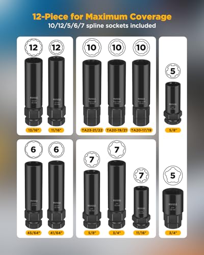 5/6/7/10/12 Spline Lug Nut Socket Set, 12 Pcs Locking Lug Nut Key