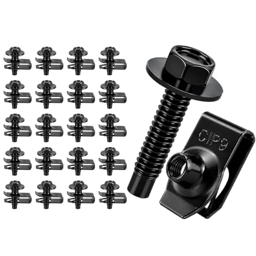 100PCS Automotive Body Bolt & U Nut Kit, M6-1.0 Hex Head Screws with Extruded U-Nuts Clips, Fender Liner, Splash Shield, Engine Under Cover, Bumper & Hood Fastener Assortment (50 Sets) - color: Black M6 x 1.0