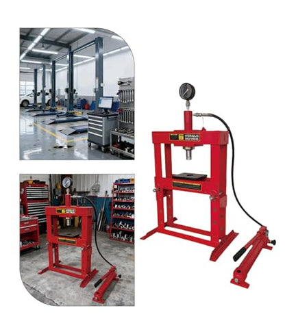 Superokay 10 Ton Shop Press, Welded H-Frame, 6.5 Inch Stroke, Manual Pump