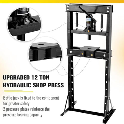 12 Ton/26000lbs Shop Press, Hydraulic H-Frame, Movable Plates, Adjustable Height, Safety Relief Valve