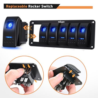 Nilight-90111F 6 Gang Aluminum Rocker Switch Panel Toggle Dash 5 Pin ON/Off Pre-Wired Rocker Switch Blue Backlit Switch for Automotive Car Marine Boat RV,2 Years Warranty - color: Blue, size: 6 Gang