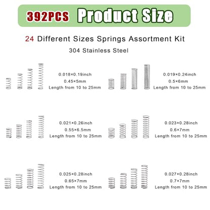 392PCS Springs Assortment Kit 304 Stainless Steel Compression Springs kit - size: 392PCS (24 Sizes)