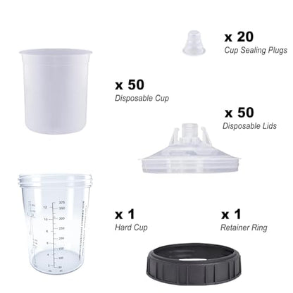 Disposable Paint Spray Gun Cup System for HVLP Paint Spray Paint Gun, Standard 13.5 Ounce (400ml) Kit with 50 Cups and Lids, 1 Hard Paint Mixing Cup with Retainer Ring and 20 Plugs. - color: Dis-400m1-50pcs
