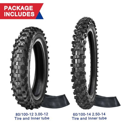Dirt Bike Rear 80/100-12 3.00-12 Front 60/100-14 2.50-14 Tire and Inner Tube for PW80 CRF70 CRF110 XR70 KLX110 TTR90 TTR110 RM60 RM65 DRZ110 TaoTao DB14 SSR Apollo Coolster Pit Bike Motorcycle