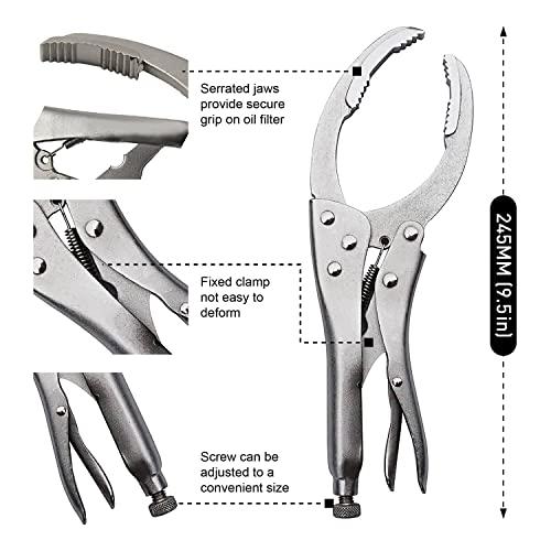 MacWork Locking Grip Oil Filter Wrench, 9.5in/240mm, Chrome Vanadium Steel Jaws