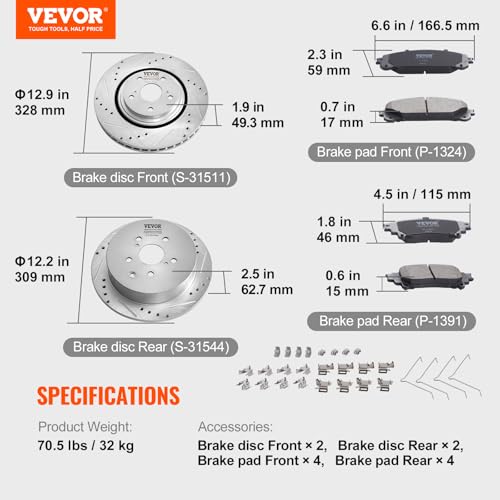 VEVOR Front and Rear Brake Kit Compatible with Toyota Sienna, Highlander, Lexus RX350, RX450h, Drilled and Slotted Brake Rotors Ceramic Brake Pads Replacement, 12.9" Front Rotors 12.2" Rear Rotors - size: S-31511 + S-31544
