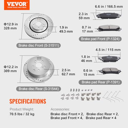VEVOR Front and Rear Brake Kit Compatible with Toyota Sienna, Highlander, Lexus RX350, RX450h, Drilled and Slotted Brake Rotors Ceramic Brake Pads Replacement, 12.9" Front Rotors 12.2" Rear Rotors - size: S-31511 + S-31544