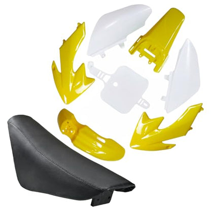 CRF50 Plastics Kit Pit Bike Parts Fairings Fenders + Black Seat for CRF 50 XR 50 XR50 SSR 110 SSR 125 Taotao DB14 Coolster 125cc Dirt Pit Bikes (Yellow) - color: Yellow