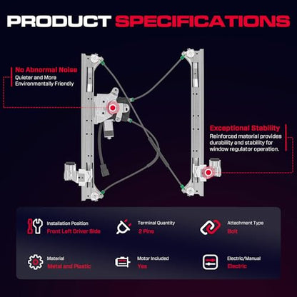 Front Driver Side Power Window Regulator with Motor (2 Pins) Fit for 2004-2007 Buick Rainier, 2002-2009 Chevrolet Trailblazer, GMC Envoy, Isuzu Saab Oldsmobile Bravada, 741-690 - size: Front Driver (LH)