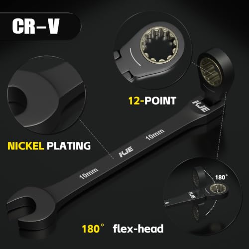 KJE Metric 90-Teeth 10 mm Flex-Head Ratcheting Combination Wrench, Cr-V, Nickel Plated, 12 Point Design, for Bicycle/Motorcycle/Mechanical Repair - size: 10mm
