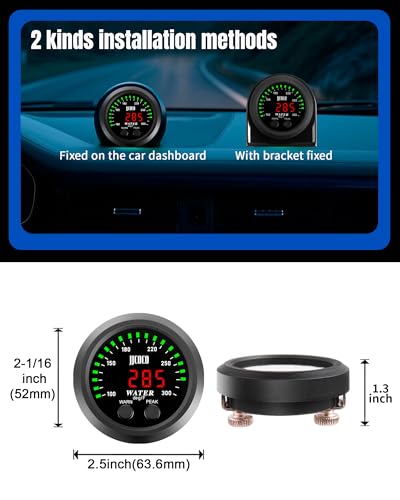 Water Temperature Gauge with 1/8NPT Sensor & Bracket 300°F Digital LED Display Water Coolant Temperature Gauge for Cars Trucks Ships Vehicle Automotive Boat Marine 2”/52mm - color: Green+Red