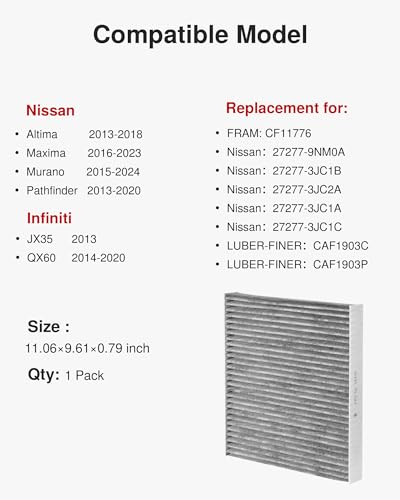 Puroma Cabin Air Filter Activated Carbon for CF11776 Nissan Infiniti JX35 - style: CAF776S