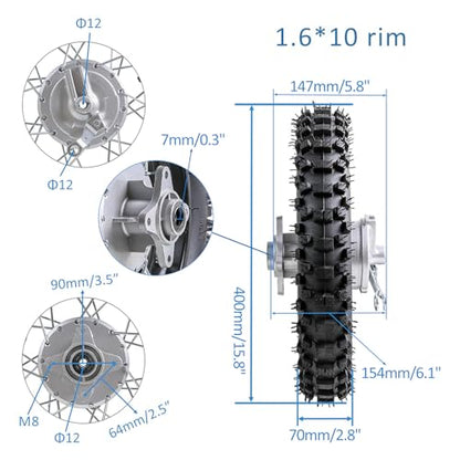 TDPRO 10" Rear Wheel 80/100-10 Tire Rim for Drum Brake Dirt Pit Bike KLX110 KX65 CRF50 - size: 80/100-10