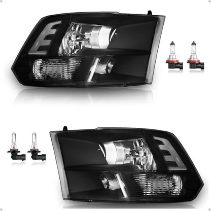 Halogen Headlights W/Bulbs for 2009-2018 Dodge Ram 1500 - color: Black Housing | With High & Low Beam Bulbs