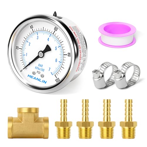 MEANLIN MEASURE 9Pcs Kit 0-100Psi Stainless Steel Liquid Filled Pressure Gauge 1/4" NPT 2.5" FACE DIAL, Back Mount with 1/4" 5/16" Hose Barb, Tee Fittings, WOG Water Oil Air - size: 0-100Psi (9Pcs Kit)
