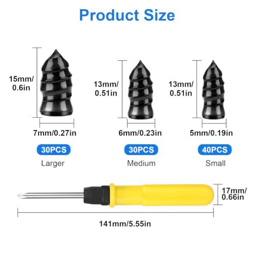 Linkstyle 100PCS Tire Repair Kit, Screw-in Tire Plug Set with 3 Sizes Rubber Plugs, Flat Tire Puncture Repair Screws for Car Truck Motorcycle SUV Roadside Emergency Fix with Screwdriver & Storage Case - size: 100PCS with 3 Sizes