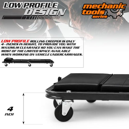 M-AUTO Heavy-Duty Convertible Mechanic Creeper, Z-Creeper 2-in-1 Creeper and Seat 48" Padded Adjustable Headrest Roller Garage Chair with 7 Swivel Casters for Washing, Detailing, Maintenance, Black - color: Black, size: 48"