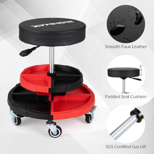 Goplus Rolling Mechanic Stool with Cushioned Seat - color: Red, size: 2-Tier Tool Tray