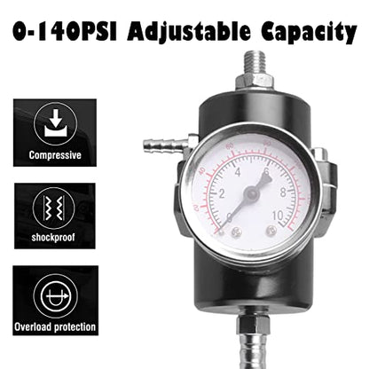 BARTOO Adjustable Fuel Pressure Regulator Kit with 0-140 PSI Gauge, Black - color: Black