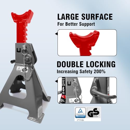 Car Jack Stands 6 Ton with Double Locking and Large Foot Base for Lifting Cars,SUVS,MPVS, Heavy Duty Steel, 13000 lb Capacity, 1 Pair - size: 6T