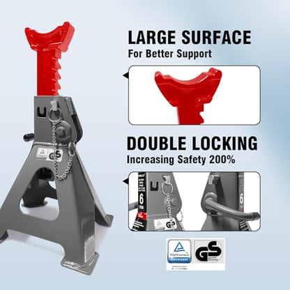 Car Jack Stands 6 Ton with Double Locking and Large Foot Base for Lifting Cars,SUVS,MPVS, Heavy Duty Steel, 13000 lb Capacity, 1 Pair - size: 6T