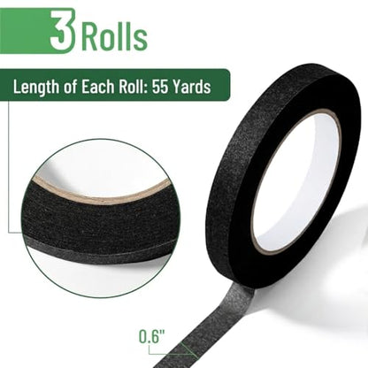 Mr. Pen- Black Masking Tape, 0.6 Inch Wide, 3 Rolls, 3 x 55 Yards, Black - color: Black