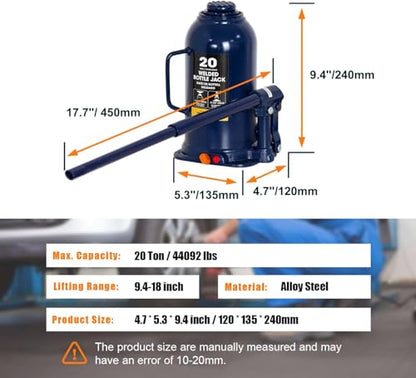 20 Ton Hydraulic Bottle Jack, 40,000 LBS Heavy Duty Welded Steel Auto Lift Jack with Adjustable Height, Overload Protection, Leak-Free Pump, for Truck, RV, Industrial and Garage Use, Blue
