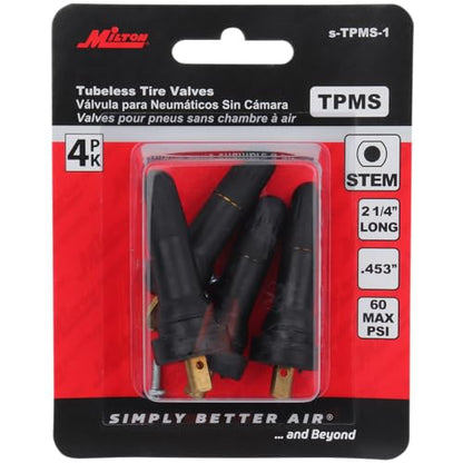 Milton Snap-in Tire Valve Stem for Tubeless 0.453-in Rim Holes, Rubber Parallel Keyway on Standard Vehicle and Light Trucks Tires - Pack of 4