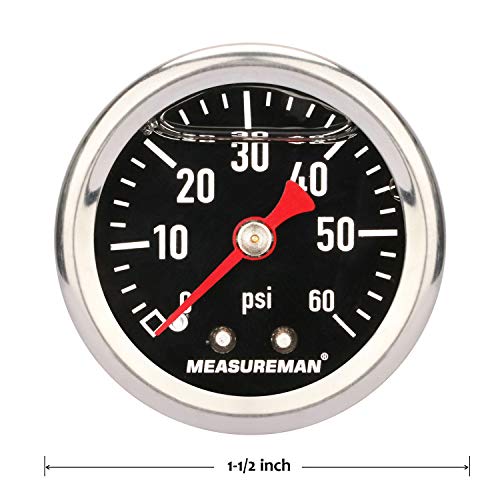 MEASUREMAN Fuel Pressure Gauge 0-60psi 1.5" Dial, 1/8" NPT Back, Stainless Steel Case, Brass Inside, Glycerin Filled, Black Dial - size: 0-60 psi, style: Back Mount (Black Dial)