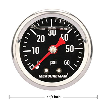 MEASUREMAN Fuel Pressure Gauge 0-60psi 1.5" Dial, 1/8" NPT Back, Stainless Steel Case, Brass Inside, Glycerin Filled, Black Dial - size: 0-60 psi, style: Back Mount (Black Dial)