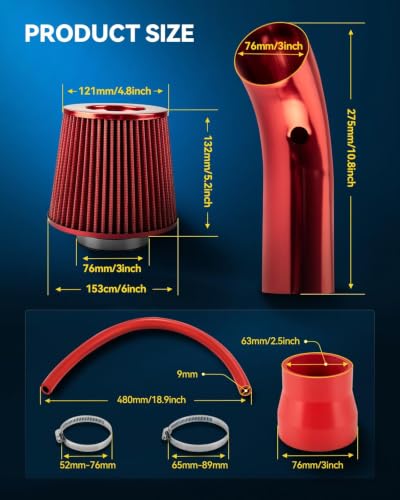 PHILTOP 3" Universal Cold Air Intake Kit (Red)