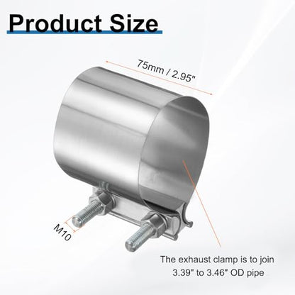 HARFINGTON Exhaust Clamp 3.46" Stainless Steel Lap Joint Band Clamp Exhaust Pipes Connection with M10x55.5 Screws for Car Muffler Elbow Pipes - size: 3.46 inch