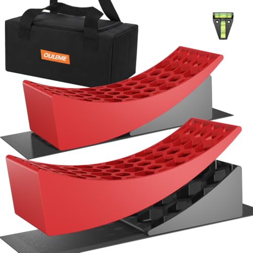 OULEME RV Leveling Blocks, Camper Trailer Leveler, 2 Packs for Travel Trailer Motorhome, Include 2 Curved Leveler Ramp, 2 Chock, 2 Rubber Mat, 1 T Bubble Level, 1 Carry Bag - color: Red, size: L (15.7*6*4.3 inches)