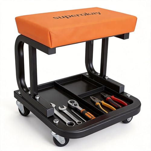 superokay Rolling Mechanic Seat with Tool Tray, 330 lb Capacity