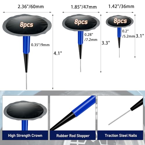 Tire Repair Patch Plug Kit 24Pcs Rubber Puncture Repair Nail Universal Mushroom Plug with Extra 4mm Twist Drill Bits for Vehicle - size: Tire Patch Plugs Kit