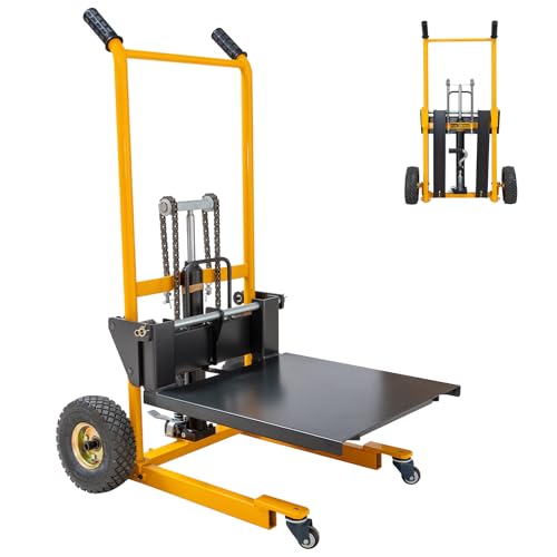 MMS Foldable Hydraulic Material Lift Winch Stacker, 450 Lbs 35.8" Max Lift w/ 9" Wheels 360° Swivel Casters, Pallet Truck Dolly, Fork Lift Table Cart, Pallet Jack, Removable Platform, Adjustable Forks