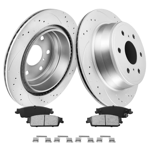 MOTOREVO Rear Brake Pads and Rotors Kit Compatible with Silverado 1500 [ 2007-2013 ], High-Carbon Alloy Drilled & Slotted Discos de Frenos Delanteros [ 13.6in, App Specific ] [ 2007: New Body Style ] - color: Rear, size: Rear 345mm 2007 New Body Style; Br