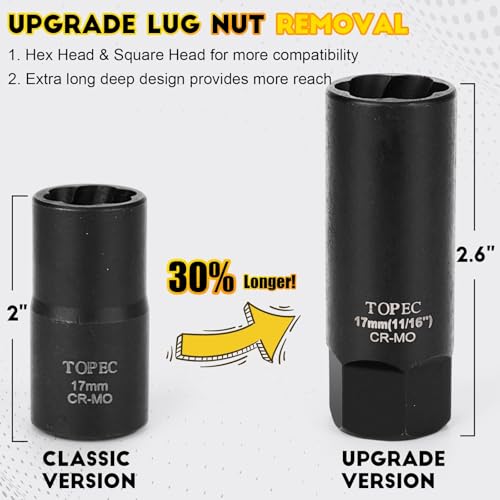 TOPEC 10PCS Deep Lug Nut Remover Heavy Duty, 1/2" Drive Impact Wheel Lock Removal Kit, Spiral Type Lug Nut Removal Tool for Removing Stripped, Broken, Damaged, Rounded Bolts, Nuts & Screws