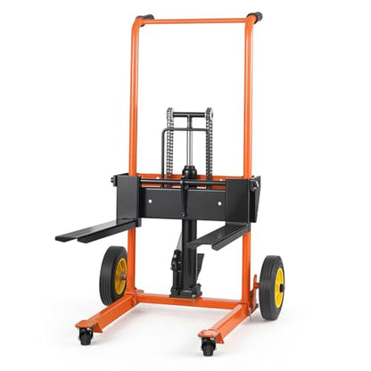 VEVOR Hydraulic Material Lift Winch Stacker, 450 lbs Load Capacity, Pallet Truck Dolly with Fork Lift Table, 39.4 Inches Max Lifting Height, Foldable & Portable Pallet Jack Table Cart, Orange & Black