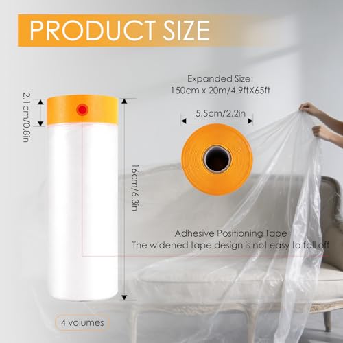 Pre-Taped Masking Film Painters Plastic with Tape 4 Rolls 5 x 65 Feet Paint Adhesive Protective Film Clear Drop Cloth for Painting Automotive Covering and Appliance Protection - size: 5*65 Feet